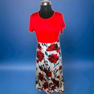 Amazon Red Rose Floral Maxi Short Sleeve white and Red LONG A Line  Dress LARGE